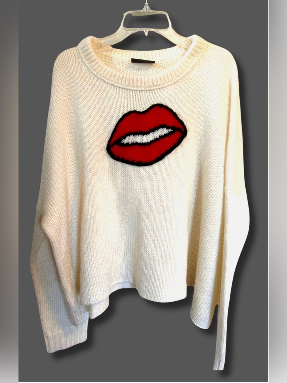 Wooden Ships Red Lips Kiss Sweater Mohair Wool Blend Ivory Graphic Knit Size XL